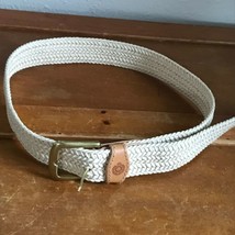 Gently Used Cream Woven Belt w Tan Leather Accents &amp; Brushed Goldtone Me... - £8.99 GBP