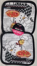 Set Of 2 Same Printed Pot Holders (7&quot;x7&quot;) Fat Chef With Pepperoni Pizza,Black,Sh - £6.35 GBP