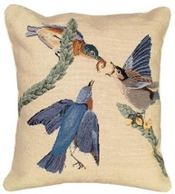 Throw Pillow Needlepoint John James Audubon Eastern Bluebird Bird 18x18 Beige - £247.00 GBP