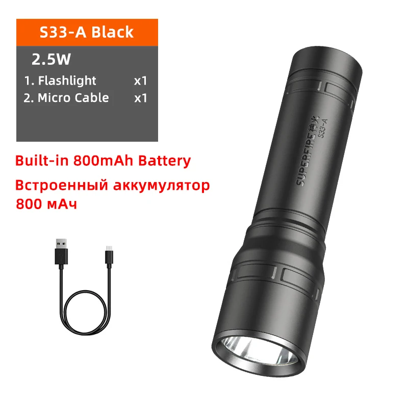 2022 SUPERFIRE S33-A Super bright LED Flashlight Built in Battery 4 lighting mod - $107.17