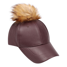 Baseball Cap - Faux Leather With Detachable Faux Fox Fur Pom Pom - Brown - HT... - £23.21 GBP