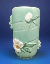 Weller Matte Green Wild White Rose 6.85&quot; Pottery Vase Side Accents Signed  - $41.58