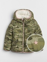 New GAP Kids Girls Cold Control Max Sherpa Green Camouflage Hooded Puffer 14 16 - $69.29