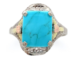 10k Gold Genuine Natural Turquoise Ring w/ Rose and Green Gold Flowers (... - $628.65