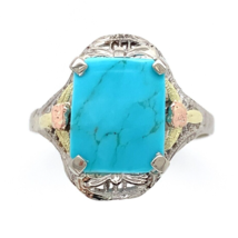10k Gold Genuine Natural Turquoise Ring w/ Rose and Green Gold Flowers (#J6565) - £502.42 GBP