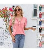 New Solid Color V Neck Button Top Women&#39;s Fashion Short Sleeve T-Shirt S... - £7.80 GBP+
