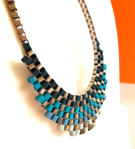 Chunky Gold Tone Woven Ombre Blue Ribbon Statement Bib Necklace 22&quot; - $17.75