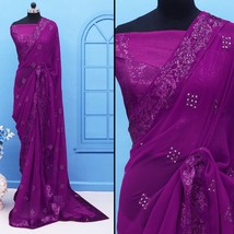 Purple Sequins Embroidered Georgette Saree BOLLYWOOD STYLE - £74.03 GBP
