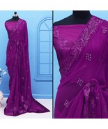 Purple Sequins Embroidered Georgette Saree BOLLYWOOD STYLE - £73.39 GBP