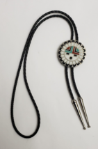 Vintage Zuni Sunface Bolo Necktie Braided Cord Silver Tone Tips Multi-Color 38&quot; - £40.68 GBP