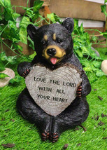 Forest Black Bear Holding Love The Lord With All Your Heart Log Sign Fig... - $30.99