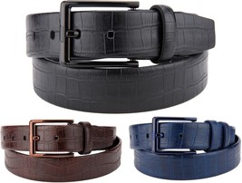 New Men&#39;s Croc Textured Dress Casual Leather Belt Black Blue Brown Brass Buckle - £7.02 GBP