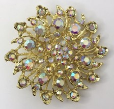 Vintage Brooch Aurora Borealis Encrusted Snowflake Pin Gold Toned Large - £39.95 GBP