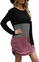 Womens Long Sleeve Tshirt Dresses Color Block Twist Side Knot Mini Dress(Size:L) - £17.49 GBP
