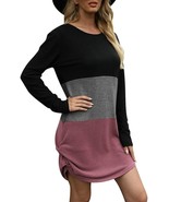 Womens Long Sleeve Tshirt Dresses Color Block Twist Side Knot Mini Dress... - £17.62 GBP