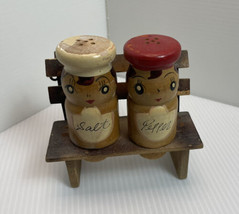 Vintage wooden chef salt and pepper shakers With Bench Made In Japan 3” Figure - £11.17 GBP