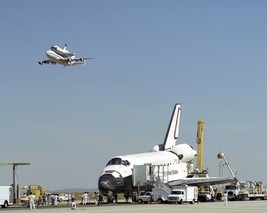 Space Shuttle Endeavour on Edwards AFB runway with Columbia overhead Photo Print - £6.96 GBP
