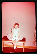 1957 Chicago IL Young Girl Posing on Bench with Present Color Slide - £2.77 GBP