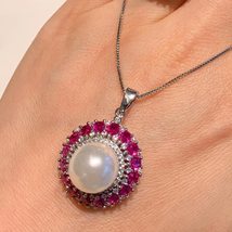 High Quality 925 Sterling Silver 12mm White Color Pearl Ruby Gemstone Pendant Ne - $54.47