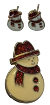 Christmas Snowman Earrings and Brooch Pin Set Red Sparkle Glitter Scarf Holidays - £6.44 GBP