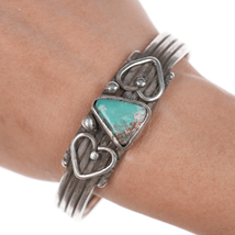 7&quot; c1930&#39;s Navajo silver and turquoise hearts cuff bracelet - $1,465.70