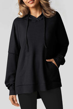 Black Waffle Knit Fleece Lined High Low Oversized Hoodie - $36.99