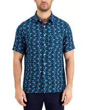 Tasso Elba Men&#39;s Silk Blend Cellula Tile Printed Shirt in Blue Combo-Small - £15.71 GBP