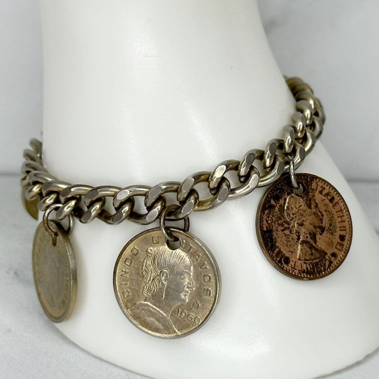 Primary image for Vintage Queen Elizabeth II UK South Africa Mexico Coin Charm Bracelet