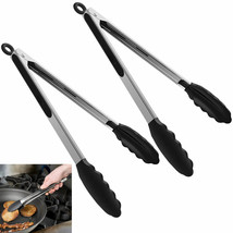 2Pc Silicone Stainless Steel Kitchen Tongs Salad Bbq Heavy Duty Food Ser... - $43.99