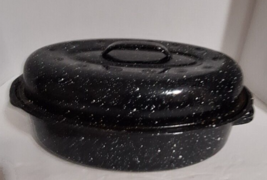 Vtg Black Speckled Enamel/Graniteware Small Oval Roasting Pan w/Lid 12&quot;x... - £11.61 GBP