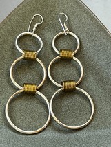 Long and Large Staggered Silvertone Tubular Open Circle w Goldtone Coils Dangle - £10.42 GBP