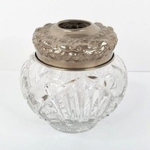 Hair Receiver Jar Pressed Cut Glass 3.5&quot; Bowl Silver Tone Lid Embossed Vintage - $39.60