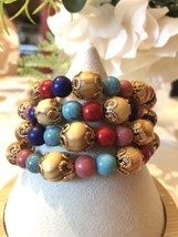 Stackable Bracelets Beaded Boho Tan Blues Red Gold Accents New - £10.93 GBP