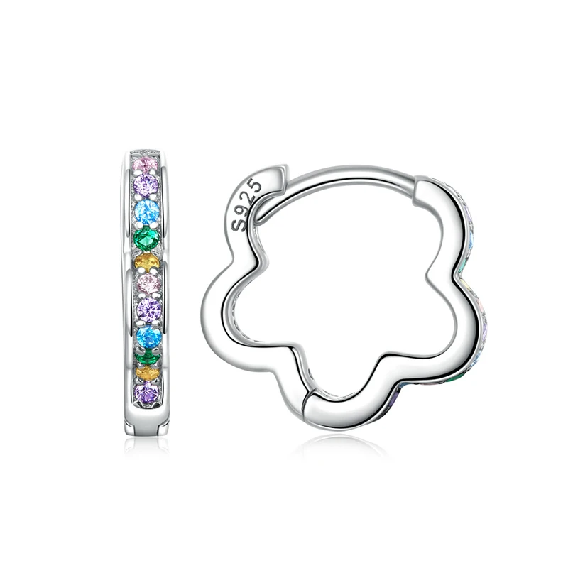 100% Real 925 Sterling Silver Irregular Flower Ear Buckles Rainbow Color Zircon  - £23.04 GBP