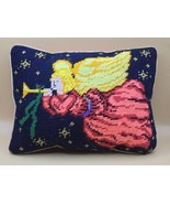 NEEDLEPOINT-Christmas Pillow Angel w/Horn Gold Stars Red Velvet Back-10x7 - $22.01 CAD
