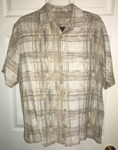 Caribbean Men&#39;s Brown White Medium 100% Silk Shirt Button Down Beach Collar - £19.09 GBP