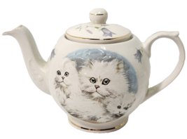 Vintage Crown Dorset Kitten Cat 4.5&quot; Teapot Staffordshire England White Persian - £35.11 GBP
