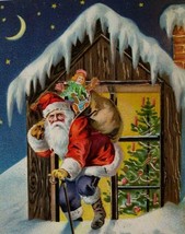 Santa Claus Christmas Postcard Striking Crescent Moon Stars Icicles Racine WIS - £26.15 GBP
