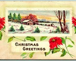 Christmas Greetings Framed Cabin Scene Poinsettia Blossoms UNP DB Postca... - $4.42
