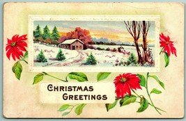 Christmas Greetings Framed Cabin Scene Poinsettia Blossoms UNP DB Postcard I7 - £3.45 GBP