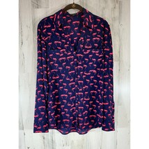 Express Blouse Size Medium Navy Neon Pink Flamingos Roll Tab Sleeves Flowy - $19.77