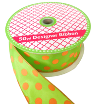 Roll Designer Ribbon 43+ yards Green with Orange Polka Dots 2.5&quot; Wide Wired Edge - £22.92 GBP