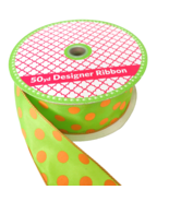 Roll Designer Ribbon 43+ yards Green with Orange Polka Dots 2.5&quot; Wide Wi... - £22.72 GBP