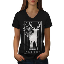 Wellcoda Deer Butterfly Nature Womens V-Neck T-shirt,  Graphic Design Tee - £16.06 GBP