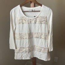 Chico&#39;s Zenergy Size 1 Jodie Top Shirt Cream Lace Sequin 3/4 Sleeve Shirt Tee - £20.56 GBP