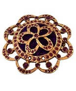 Monet Gold Tone Round Flower Style Purple Rhinestone Brooch Missing Pin - $456.94 MXN
