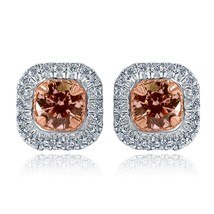 1.36 Carats Rond Halo Labo Grown Vif Rose Boucles Oreilles Diamant 14k or Blanc - £1,203.10 GBP