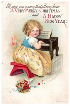 Postcard 1918 Merry Christmas New Year Little Girl Playing Piano Flower Bouquet - £20.57 GBP