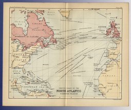 1888 Original Antique Map Of North Atlantic Ship Routes America Europe Caribb EAN - £18.61 GBP