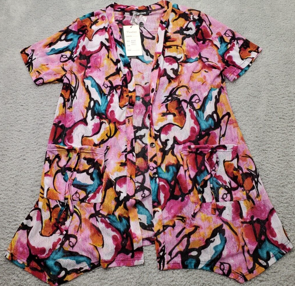 Creation Cardigan Women&#39;s Large Multi Short Sleeve Shark Bite Hem Button... - $13.99